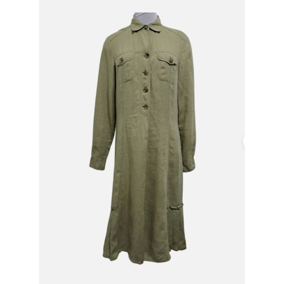 Weekend Max Mara Dresses & Skirts - Weekend Max Mara Linen Lagenlook Olive Green Shirt Midi Dress Size 4